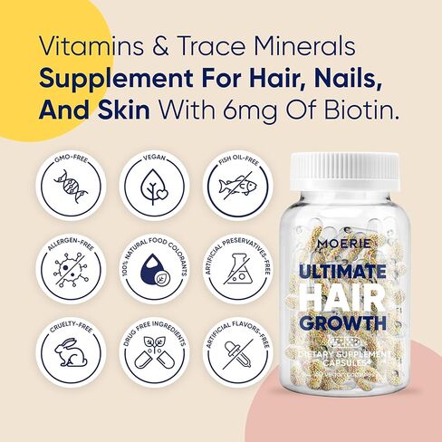 Moerie Ultimate Hair Growth Supplements for Women & Men - Hair, Skin, Nails Vitamins with Biotin & Minerals for Hair Health - Thicker Hair - 60 Capsules in Kuwait