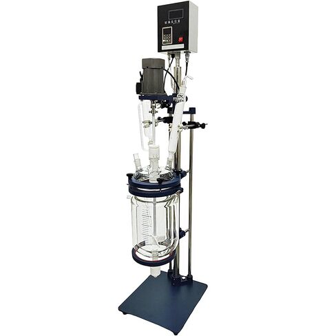 Glass Reactor 5L Chemical Glass Jacketed Vessel for Reaction Distillation Digital Display Double-Layer Lab Reactor with Support Frame Adjustable Speed for Lab Reaction Distillation 220V in Kuwait