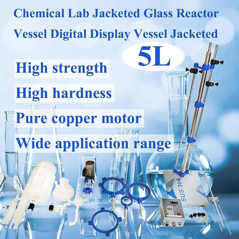 Glass Reactor 5L Chemical Glass Jacketed Vessel for Reaction Distillation Digital Display Double-Layer Lab Reactor with Support Frame Adjustable Speed for Lab Reaction Distillation 220V in Kuwait