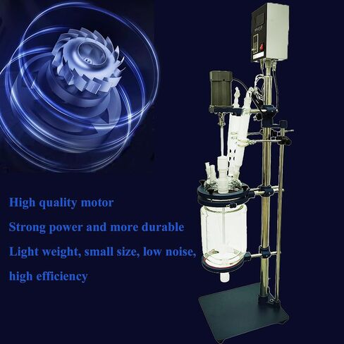 Glass Reactor 5L Chemical Glass Jacketed Vessel for Reaction Distillation Digital Display Double-Layer Lab Reactor with Support Frame Adjustable Speed for Lab Reaction Distillation 220V in Kuwait