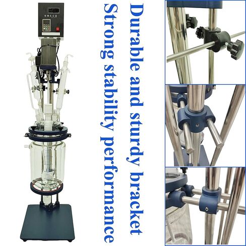 Glass Reactor 5L Chemical Glass Jacketed Vessel for Reaction Distillation Digital Display Double-Layer Lab Reactor with Support Frame Adjustable Speed for Lab Reaction Distillation 220V in Kuwait