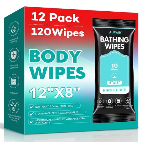 XL Bathing Wipes No Rinse for Adults – 12 Packs (120 Count)- Extra Thick & Large Shower Wipe, Ideal for Men, Women & Elderly – Soft & Gentle Disposable Bath Wipes - Camping & Travel Essentials in Saudi Arabia