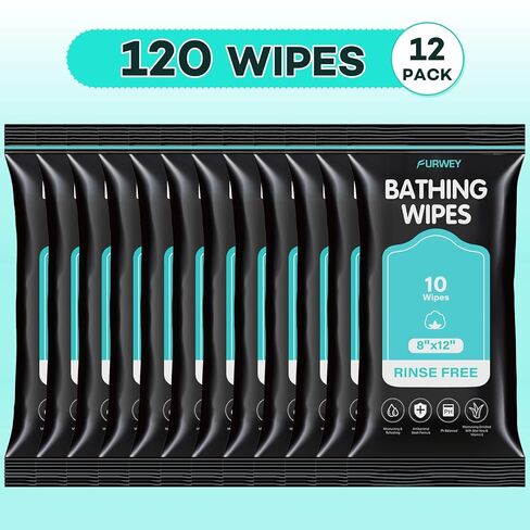 XL Bathing Wipes No Rinse for Adults – 12 Packs (120 Count)- Extra Thick & Large Shower Wipe, Ideal for Men, Women & Elderly – Soft & Gentle Disposable Bath Wipes - Camping & Travel Essentials in Saudi Arabia