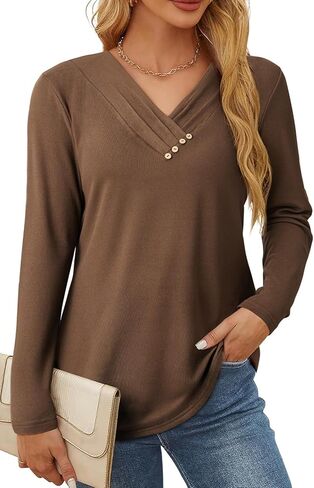 SHEWIN Women Long Sleeve Lightweight Tunic Tops Casual V Neck Pleated Button Warm Tee Shirts in Kuwait