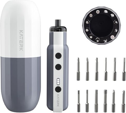 Katerk Electric Screwdriver Cordless - 4V Capsule Screwdriver with 12 Steel Bits & Magnetic Storage, 3 Torque Settings, 1500mAh & LED Light- Portable Repair Tool Kit for Furniture Assembly DIY (White) in Saudi Arabia