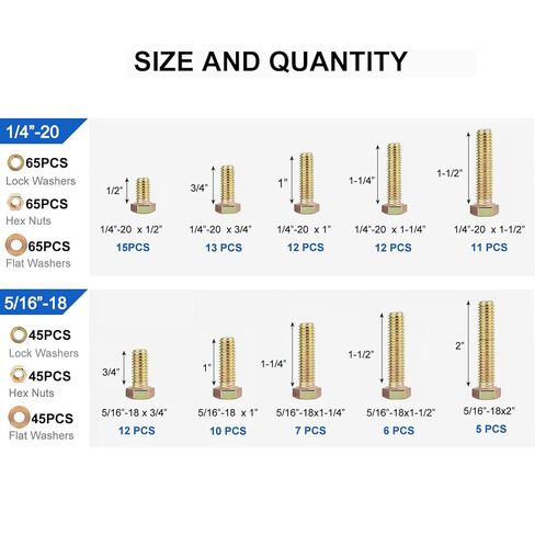 مجموعة مسامير فولاذية من 618 قطعة من Haespot من 5 إلى 8 درجات، مقاومة للتآكل ومتينة، 1/4 بوصة - 20، 5/16 بوصة - 18، 3/8 بوصة - 16، 1/2 بوصة - 13 وحدة إمبراطورية متعددة الأحجام، تعبئة صديقة للبيئة، تخزين احترافي in Kuwait