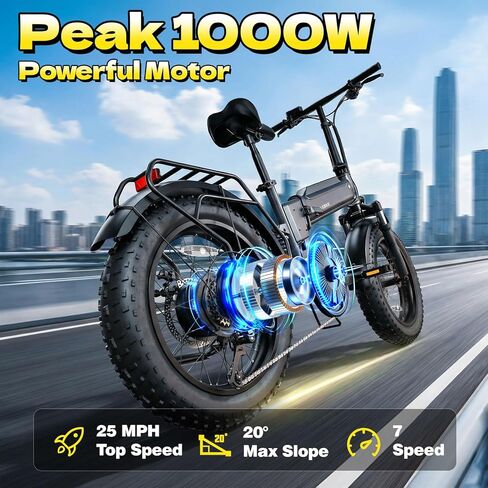 Folding Electric Bike for Adults Commuter, Peak 1000W Motor up to 25MPH, Built-in 36V Removable Battery，20" x 4.0" Fat Tire All-Terrain E-Bike, Dual Shock Absorber, APP & LCD, UL2849 Certified in Kuwait