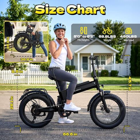 Folding Electric Bike for Adults Commuter, Peak 1000W Motor up to 25MPH, Built-in 36V Removable Battery，20" x 4.0" Fat Tire All-Terrain E-Bike, Dual Shock Absorber, APP & LCD, UL2849 Certified in Kuwait