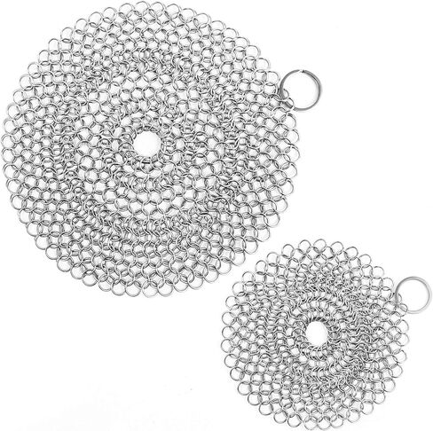 Cast Iron Skillet Cleaner Chainmail,2 Pack Premium Stainless Steel Chain Maille Scrubber for Cast Iron Pans,Stainless Steel,Glassware(7IN &5IN Round) in Kuwait