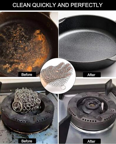 Cast Iron Skillet Cleaner Chainmail,2 Pack Premium Stainless Steel Chain Maille Scrubber for Cast Iron Pans,Stainless Steel,Glassware(7IN &5IN Round) in Kuwait