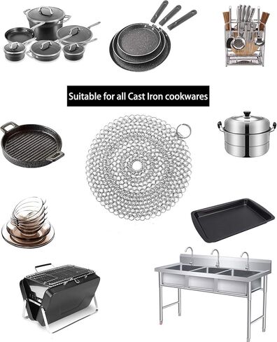 Cast Iron Skillet Cleaner Chainmail,2 Pack Premium Stainless Steel Chain Maille Scrubber for Cast Iron Pans,Stainless Steel,Glassware(7IN &5IN Round) in Kuwait