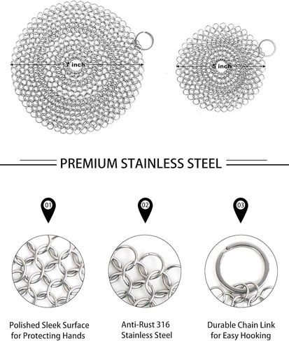 Cast Iron Skillet Cleaner Chainmail,2 Pack Premium Stainless Steel Chain Maille Scrubber for Cast Iron Pans,Stainless Steel,Glassware(7IN &5IN Round) in Kuwait