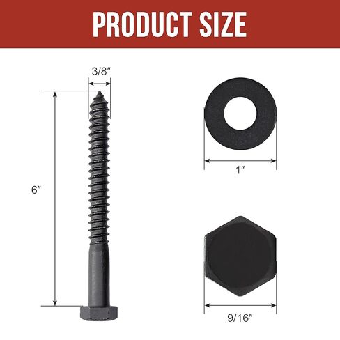 3/8" x 6" Lag Bolts (50 PCS) Black Lag Screws for Wood, Double Anti-Rust Coatings, Heavy Duty Hex Head with Washers in Kuwait
