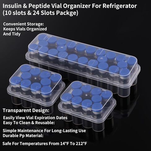 3-Pack Peptide Storage Case for Fridge - 44 Slot Vial Holder Organizer Set Includes 2x10 & 24 Compartments for 3mL Insulin & Peptide Vials - Semi-Transparent Medical Refrigerator Storage Solution in Saudi Arabia