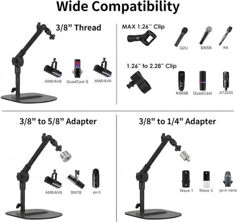 Desktop Microphone Stand, Adjustable Desk Mic Stand for AM8 K669B Yeti HyperX QuadCast SoloCast AT2020, Webcams Camera, Compatible 1/4, 3/8 & 5/8 Thread, for Recording/Podcasting/Streaming in Saudi Arabia
