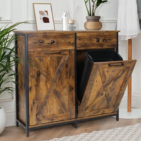 MAMIZO Double Tilt Out Trash Cabinet 10 Gallon*2,Kitchen Garbage Cabinet,Pet-Proof Standing Hidden Dual Laundry Sorter,W/Hideaway Drawer,for Kitchen,Living,Dining Room (Rustic Brown) in Kuwait