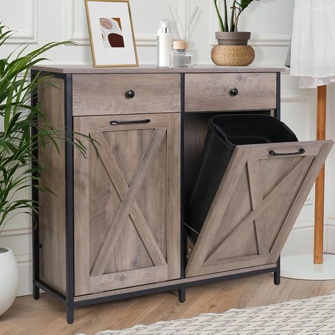 MAMIZO Double Tilt Out Trash Cabinet 10 Gallon*2,Kitchen Garbage Cabinet,Pet-Proof Standing Hidden Dual Laundry Sorter,W/Hideaway Drawer,for Kitchen,Living,Dining Room (Rustic Brown) in Kuwait