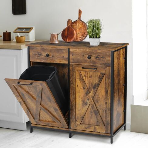 MAMIZO Double Tilt Out Trash Cabinet 10 Gallon*2,Kitchen Garbage Cabinet,Pet-Proof Standing Hidden Dual Laundry Sorter,W/Hideaway Drawer,for Kitchen,Living,Dining Room (Rustic Brown) in Kuwait