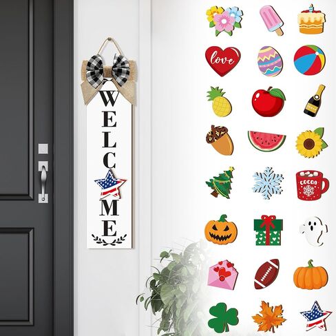 علامة Sintuff Holiday القابلة للتبديل 16 "× 4" لعلامة الشرفة الخشبية للباب الأمامي مع 24 PCS أيقونات ريفية موسمية للمنزل ترحيب مهرجان الربيع في الهواء الطلق (أبيض) in Kuwait