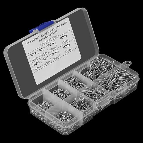 M2 Pan Head Self-Tapping Screws Set, Carbon Steel, 4mm to 20mm, 8 Sizes, Resealable Box, 60 Pieces in Saudi Arabia