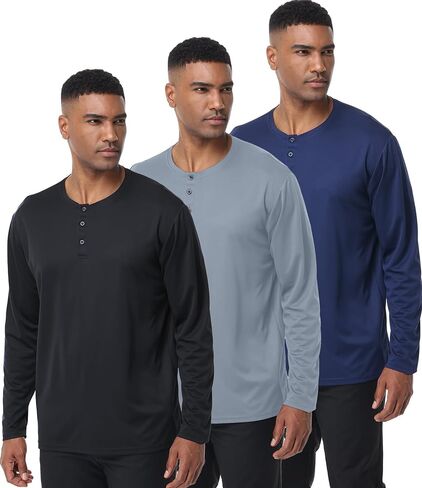 مجموعة من 3 قمصان Henley للرجال بأكمام طويلة، تي شيرت كاجوال للتمارين الرياضية، خفيف الوزن، بمقاس عادي in Kuwait