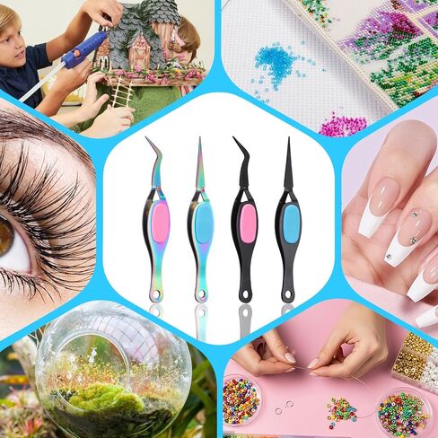 4 Pcs Reverse Tweezers Crafting Tweezers Precision Curved Tweezer Crossing Lock Curved Tweezer Stainless Steel Soft Grip Precision Reverse Grip Fine Tip Tools for DIY Craft, Jewelry, Beading in Saudi Arabia