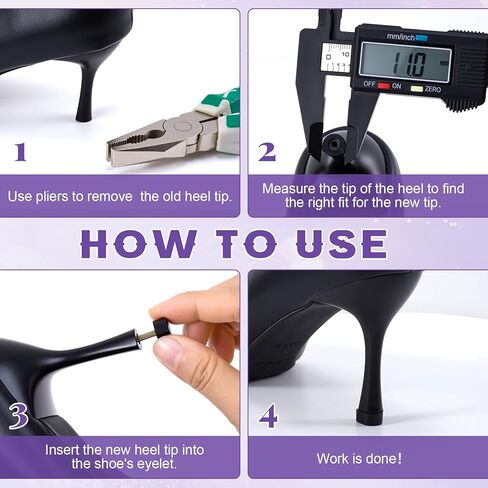 8 Pairs High Heel Tips Replacement, U Shaped Caps Kit for High Heels, 8/9/10/11mm Non-Slip Heel Tip Protector with 2 Styles for Women's Shoes Repair Replacement- Black in Kuwait