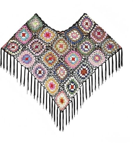 Handmade Crochet Poncho Shawl, Colorful Granny Square Pattern with Fringe, Boho Style,Crochet triangle scarf, in Saudi Arabia