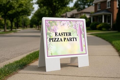 Easter Pizza Party Spring Flowers Purple Lilac Up Arrows A-Frame Single Sided 23x23 in. sign in Kuwait