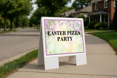 Easter Pizza Party Spring Flowers Purple Lilac Up Arrows A-Frame Single Sided 23x23 in. sign in Saudi Arabia