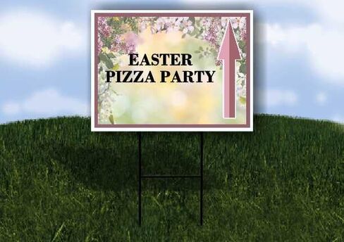 Easter Pizza Party Spring Flowers Purple Lilac Up Arrows A-Frame Single Sided 23x23 in. sign in Saudi Arabia