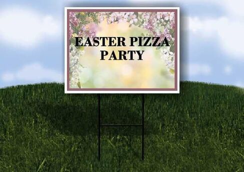Easter Pizza Party Spring Flowers Purple Lilac Up Arrows A-Frame Single Sided 23x23 in. sign in Saudi Arabia