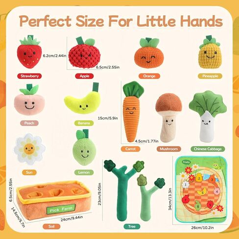ألعاب أطفال ميني تودو من عمر 6 إلى 12 شهرًا - فواكه وخضروات اختيار المزرعة المحشوة من القطيفة 15 قطعة - لعبة تعلم حسي مونتيسوري على شكل فطر وجزر مع خشخشة وأصوات مجعدة وشكل أرقام مطابق in Kuwait