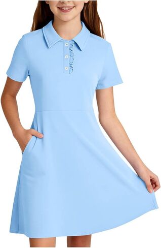 Girls Dresses Solid Color Ruffle Button Polo Shirt Dress Short Sleeve Uniform A-Line Sundress with Pockets Size 5-15 in Saudi Arabia