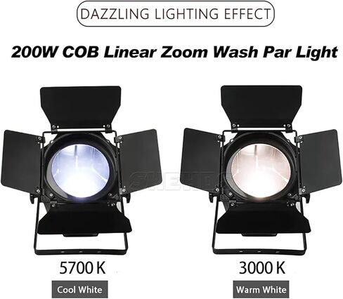 SHEHDS LED Par Lights COB 200W Linear Zoom Spotlights Wash Lights with Barn Door Warm White(3000k) & Cool White(5700k) Stage Light DMX512 Sound Activated DJ Light for Church Wedding Theater-1 Pack in Kuwait