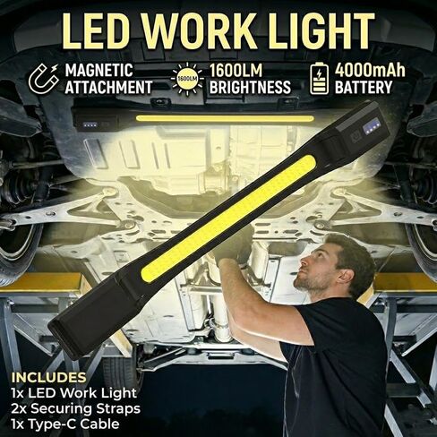ضوء عمل للميكانيكي، 1600LM LED، 4000 مللي أمبير قابل لإعادة الشحن، مغناطيسي، ضوء عمل تحت غطاء السيارة لإصلاح السيارة/الفحص/المرآب/ورشة العمل/الطوارئ in Saudi Arabia