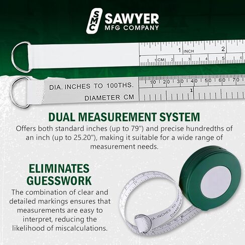 Sawyer Mfg Company Pipe Tape – Compact, Portable Tool for Fieldwork – Durable, Quick & Easy to Use – Standard Inches for Outside Diameter (Up to 79") – Hundredths Measurements (Up to 25.20") in Kuwait
