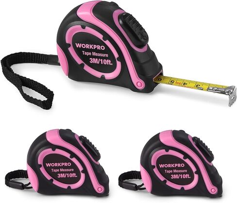 WORKPRO Tape Measure 10 FT, 3 Pack Easy Read Metric & Imperial Scale Measuring Tape, Auto-Lock Retractable Small Measurement Tape, Belt Clip, Rubber Protective Casing - Pink Ribbon in Saudi Arabia