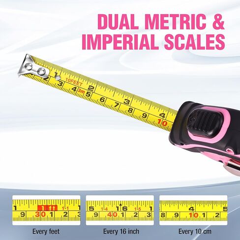 WORKPRO Tape Measure 10 FT, 3 Pack Easy Read Metric & Imperial Scale Measuring Tape, Auto-Lock Retractable Small Measurement Tape, Belt Clip, Rubber Protective Casing - Pink Ribbon in Saudi Arabia