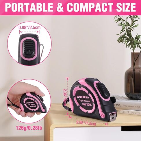 WORKPRO Tape Measure 10 FT, 3 Pack Easy Read Metric & Imperial Scale Measuring Tape, Auto-Lock Retractable Small Measurement Tape, Belt Clip, Rubber Protective Casing - Pink Ribbon in Saudi Arabia