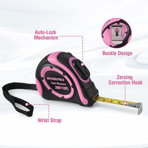 WORKPRO Tape Measure 10 FT, 3 Pack Easy Read Metric & Imperial Scale Measuring Tape, Auto-Lock Retractable Small Measurement Tape, Belt Clip, Rubber Protective Casing - Pink Ribbon in Saudi Arabia