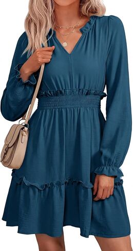 BerryGo Womens Long Sleeve Mini Dress Casual Ruffle Fashion V Neck High Waist A Line Flowy Boho Short Fall Dresses in Saudi Arabia