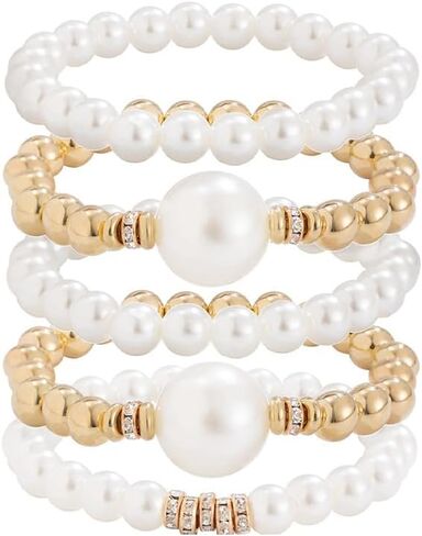 Gold Bracelets for Women Non Tarnish Gold Beaded Bracelet Stretch Bead Ball Bracelet Sets Trendy Stackable Layered Pearl Cross Bracelet Gold Jewelry for Women in Kuwait