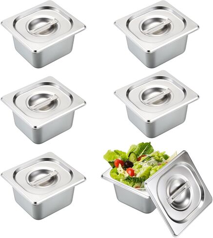 BSTKEY 6 عبوات مقاس 1/6 مقاس 4 بوصة مقلاة فندق عميقة مع أغطية، مقالي طاولة بخار من الفولاذ المقاوم للصدأ، مقلاة طعام معدنية قابلة للتكديس، مقالي طعام تجارية معدنية للمطبخ، مستلزمات حفلات البوفيه in Kuwait