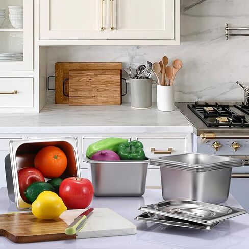 BSTKEY 6 عبوات مقاس 1/6 مقاس 4 بوصة مقلاة فندق عميقة مع أغطية، مقالي طاولة بخار من الفولاذ المقاوم للصدأ، مقلاة طعام معدنية قابلة للتكديس، مقالي طعام تجارية معدنية للمطبخ، مستلزمات حفلات البوفيه in Kuwait