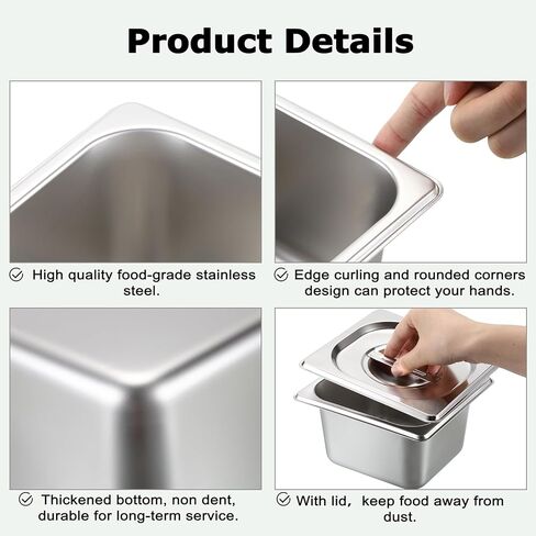 BSTKEY 6 عبوات مقاس 1/6 مقاس 4 بوصة مقلاة فندق عميقة مع أغطية، مقالي طاولة بخار من الفولاذ المقاوم للصدأ، مقلاة طعام معدنية قابلة للتكديس، مقالي طعام تجارية معدنية للمطبخ، مستلزمات حفلات البوفيه in Kuwait