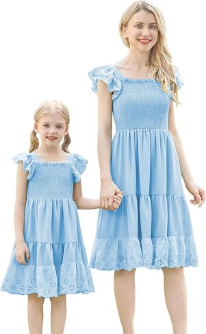فستان AWIBMK Mommy and Me فستان بوهو صيفي غير رسمي للعطلات والأم والبنت وأكمام مكشكشة متطابقة على شكل حرف a فستان مكشكش ذو طبقات in Saudi Arabia