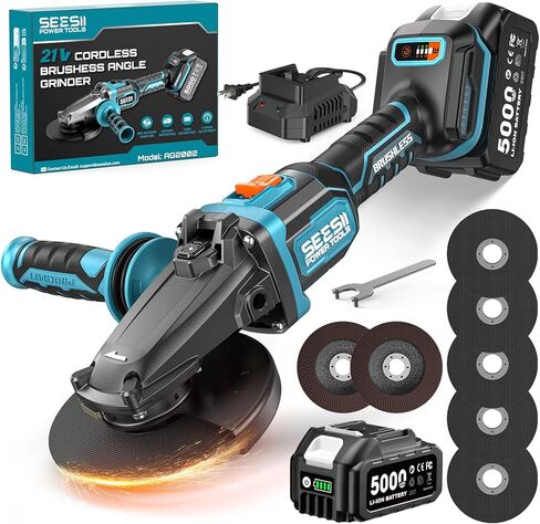 SEESII Flathead Brushless Angle Grinder - 21V Cordless Grinder Kit 5.0Ah Battery+Charger, 4-1/2 to 5" Cut Off Tool, 6-Speed, 20ms Brake+Drop Protection for Metal Cutting, Auto Body, DIY in Saudi Arabia