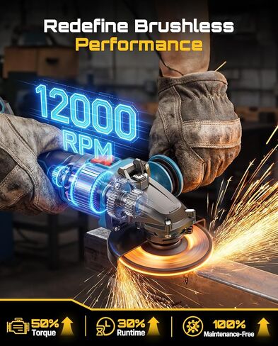 SEESII Flathead Brushless Angle Grinder - 21V Cordless Grinder Kit 5.0Ah Battery+Charger, 4-1/2 to 5" Cut Off Tool, 6-Speed, 20ms Brake+Drop Protection for Metal Cutting, Auto Body, DIY in Saudi Arabia