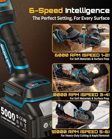 SEESII Flathead Brushless Angle Grinder - 21V Cordless Grinder Kit 5.0Ah Battery+Charger, 4-1/2 to 5" Cut Off Tool, 6-Speed, 20ms Brake+Drop Protection for Metal Cutting, Auto Body, DIY in Saudi Arabia